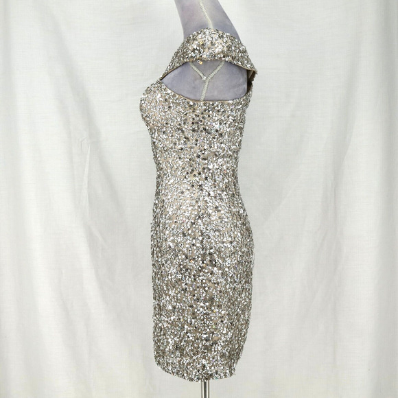 Scala Dress Womens 2 Silk Silver Sequins Off Shoulder FLAW Some sequins missing - Picture 12 of 16